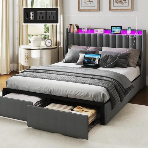 Miniatura 18 de SADENICEL Base de cama de tamaño completo con cabecera de almacenamiento y 4 cajones, plataforma de base de cama de metal completo con luz LED