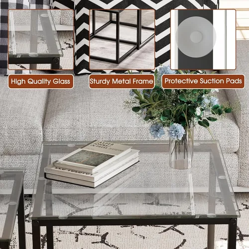 Miniatura 7 de Garden 4 you Juego de 2 mesas auxiliares modernas, mesa anidable de cristal, juego de mesa central cuadrada con marco de metal, mesas auxiliares