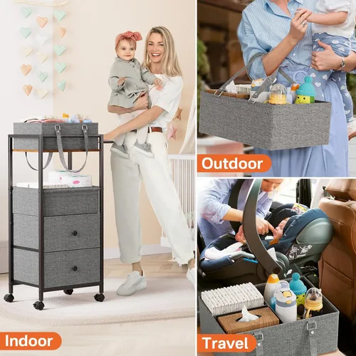 Miniatura 5 de Modanais Carrito organizador de pañales para bebé con cajones, carrito de almacenamiento rodante 3 en 1 con ruedas, organizador de pañales