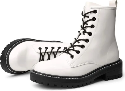 Miniatura 8 de ICHIGO Botines al tobillo de moda para mujer, botas de combate con 8 ojales, cremallera lateral y cordones