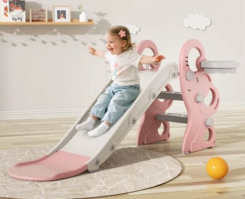 Babytronic Tobogán para niños pequeños, juego de interiores y exteriores con aro de baloncesto y juego de anillos, tobogán plegable de plástico para