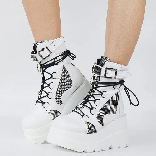 Miniatura 7 de Tscoyuki Botines de plataforma para mujer botines de tacón alto gruesos botas de combate góticas botas de combate para mujer con cordones cuñas
