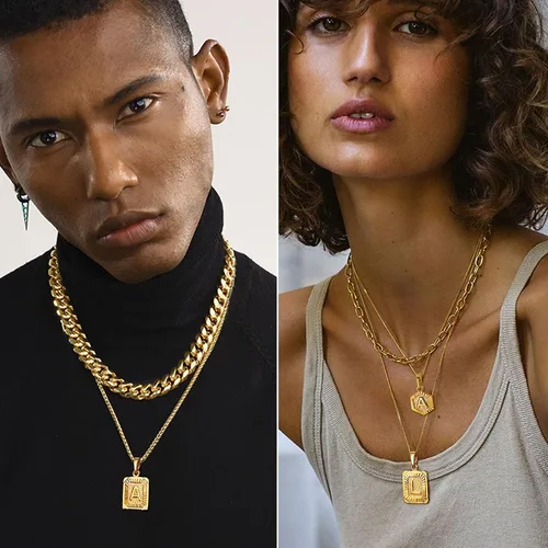 Miniatura 8 de U7 Collar con monograma A-Z 26 letras colgantes chapado en oro de 18 quilates, chapado en platino, collares cuadrados con inicial mayúscula