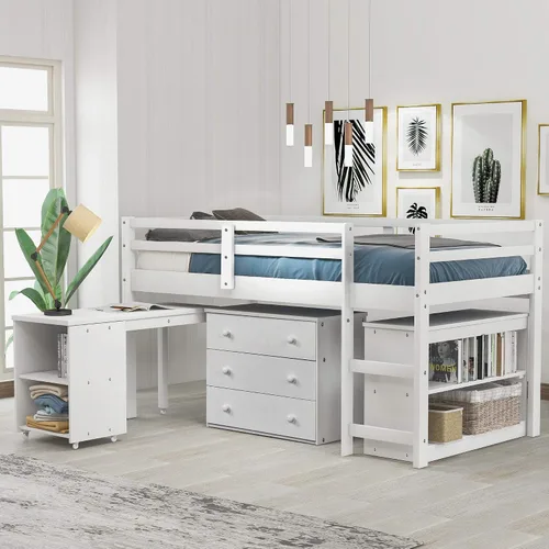 Miniatura 13 de Base de cama baja de madera con escritorio portátil rodante, cama alta individual con armario abierto y cajones, cama baja con estante para niños