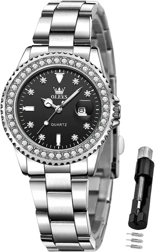 Miniatura 9 de OLEVS - Reloj de mujer de diamante, de cuarzo, analógico, de vestir, para mujer, de acero inoxidable, dos tonos, resistente al agua, luminoso
