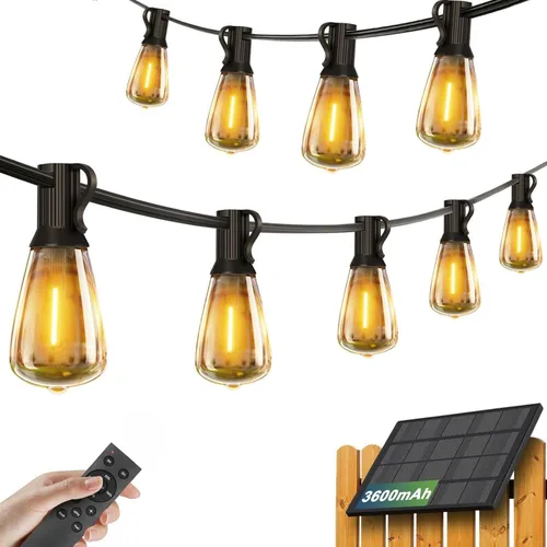 Achin 50FT Solar String Lights Outdoor with 32 LED Bulbs 1.5FT Bulbs Spacing,Patio String Lights Whith Remote, IP65 Waterproof, 3600mAm Battery