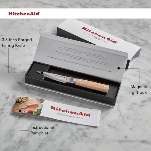 Miniatura 7 de KitchenAid Cuchillo de pelar forjado de 3.5 pulgadas de alta calidad, hoja de acero de damasco AUS-10, mango de madera de Pakka con triple remache