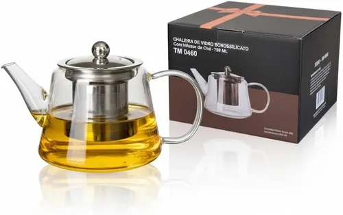 Tetera de vidrio de borosilicato de 25 onzas (25.4 fl oz) con infusor de acero inoxidable extraíble con caja de regalo, tetera transparente