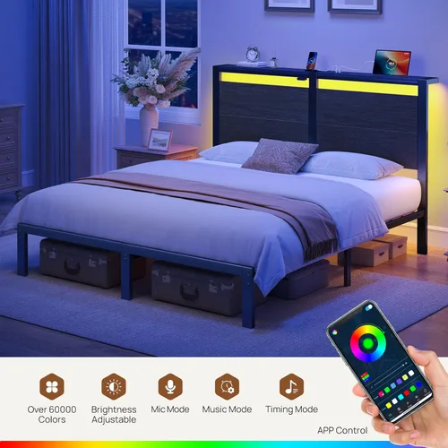 Miniatura 7 de Rolanstar Marco de cama matrimonial con cabecero, marco de cama matrimonial con luces LED, camas cama tamaño matrimonial con estación de carga
