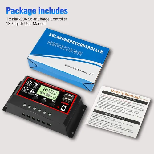 Miniatura 8 de Controlador de carga solar MPPT de 30 A, regulador de panel solar de seguimiento automático de 12 V/24 V con pantalla LCD, puerto USB dual, modos
