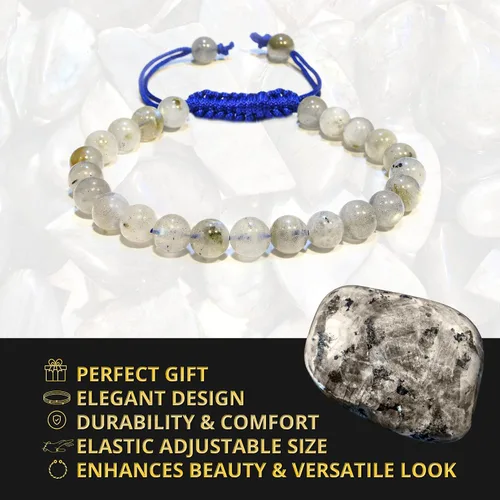 Miniatura 101 de Adjustable Crystal Bracelet – Gemstone Bead Bracelet with Adjustable Macrame String – Chic Gemstone Bracelet for Men and Women – 8mm Round Healing