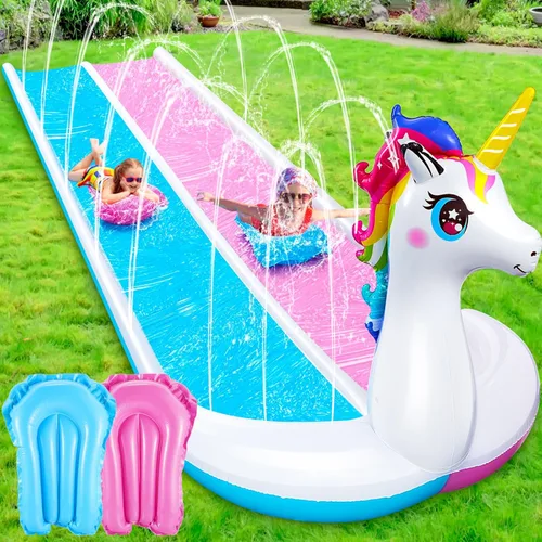 Miniatura 7 de Foilswirl Tobogán acuático de pato 3D de 20 pies, tobogán de agua de doble carril, valla segura de 3 caras, inflable resistente con 2 tablas