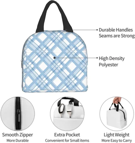Miniatura 7 de Nerxy Lonchera a cuadros de búfalo azul, moderna, 8 x 5 x 8.5 pulgadas, suave bolsa de almuerzo para mujeres, niños, adultos, trabajo, escuela