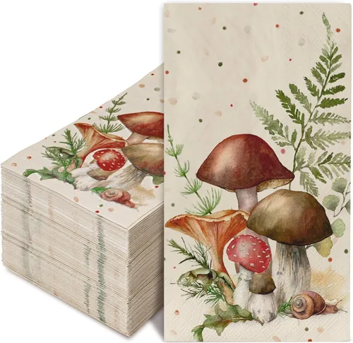AnyDesign Paquete de 100 servilletas de hongos para invitados con puntos y hojas de hongo, servilletas de papel desechables en acuarela, toalla de