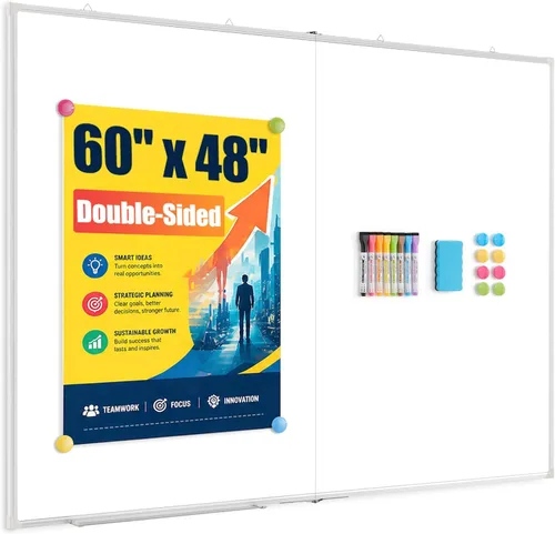 Miniatura 22 de Pizarra blanca grande de borrado en seco para pared, 60 x 40 pulgadas, pizarra magnética de doble cara con bandeja larga para bolígrafos, pizarra