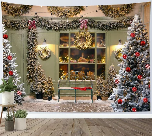 Miniatura 14 de LB Tapiz navideño de muñeco de nieve, bosque de pinos de invierno con ciervos cardenales, tapiz de pared para dormitorio, tapiz colgante de pared