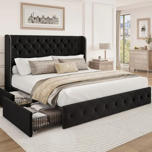 Miniatura 15 de BRELTAM Marco de Cama Tamaño Queen con Cajones de Almacenamiento y Cabecero Wingback Tapizado en Terciopelo Marco de Cama Plataforma Camas Blanco