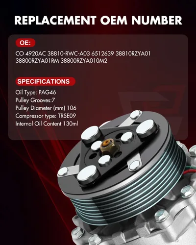 Miniatura 5 de Compresor de CA con embrague para Honda para CR-V 2.4L 2007-2015, para Acura para RDX 2.3L 2007-2012, para Honda para Civic 2012-2014, para Acura