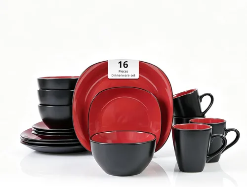 Miniatura 15 de juego de vajilla de cerámica de 16 piezas en forma cuadrada, interior rosa brillante + exterior negro mate