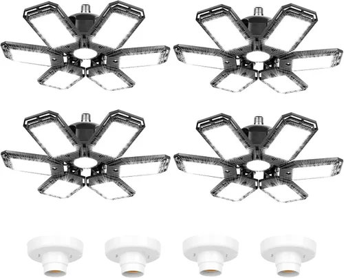 Luyata Paquete de 4 luces LED de garaje de 200 W deformables 20000 lm cerca del techo, 6500 K, luz LED ultra brillante para tienda con 6 paneles