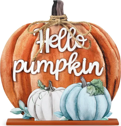 Miniatura 10 de Soaoo Decoración de Acción de Gracias, letrero de madera de otoño con texto en inglés "Hello Pumpkin", decoración de mesa de calabaza de otoño de 11