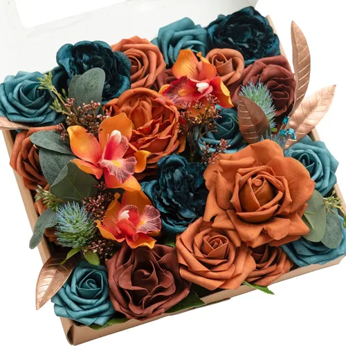 Miniatura 35 de Ling's moment Caja de Flores Falsas, Tallos de Vegetación Artificial Falsa Rosas de Espuma Dalia Hortensia de Seda Peonía Flor de Tela para Centros