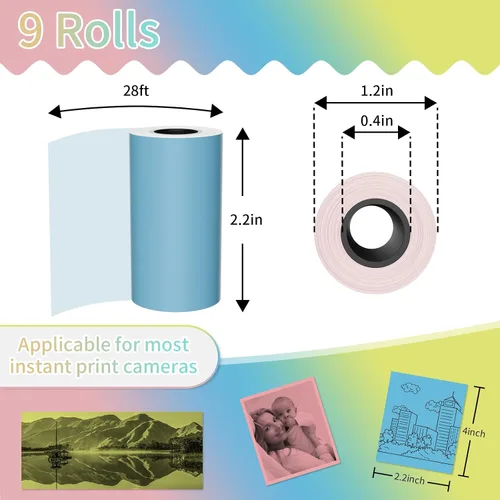 Miniatura 2 de MFLABEL Recambio de papel para cámara instantánea para niños, 9 rollos (2.2 x 1.1 pulgadas), papel fotográfico térmico a color para niños, 3 azul/3