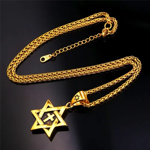 Miniatura 152 de U7 - Collar con Estrella de David para hombres y mujeres, dije hexagonal de acero inoxidable con cruz/piedra de rubí/collares clásicos judíos