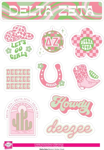 Miniatura 5 de Delta Zeta - Hoja de calcomanías de vinilo de diseño occidental con diseños oficiales, adhesivo extraíble, 10 calcomanías por hoja, por Sorority Shop