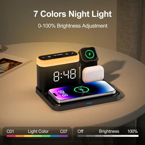 Miniatura 6 de ANJANK Estación de carga inalámbrica, soporte de cargador múltiple 5 en 1 con reloj despertador, 7 luces nocturnas, base de carga Mag-Safe para Negro