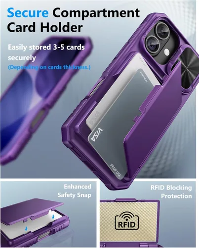 Miniatura 3 de ATATOO Funda para iPhone 17, tarjetero integrado (almacena 3-5 tarjetas) y funda para cámara deslizante y bloqueo RFID, protección de grado militar