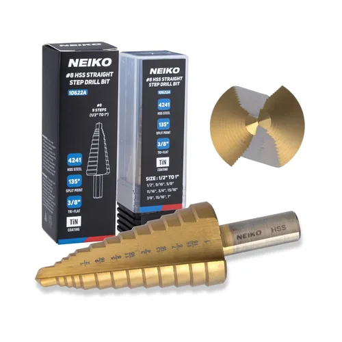 Miniatura 16 de NEIKO 10602A Step Drill Bit, 13 Steps 1/8" to 1/2" Spiral High Speed Steel, Titanium Nitride Coated, 1/4" Quick Change Step Bits for Steel, Metal