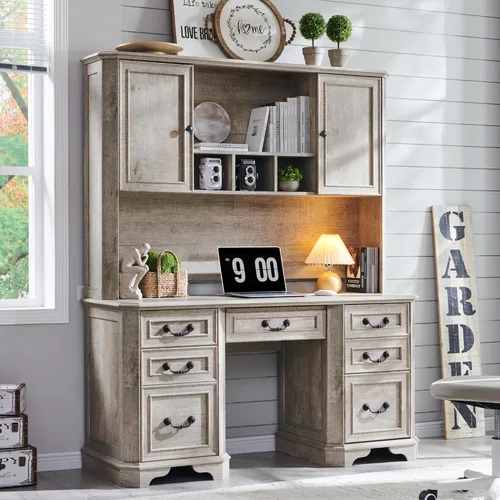 Miniatura 10 de T4TREAM - Escritorio ejecutivo de 59" estilo granja con estante superior, escritorio de madera para oficina en casa, con bandeja para teclado