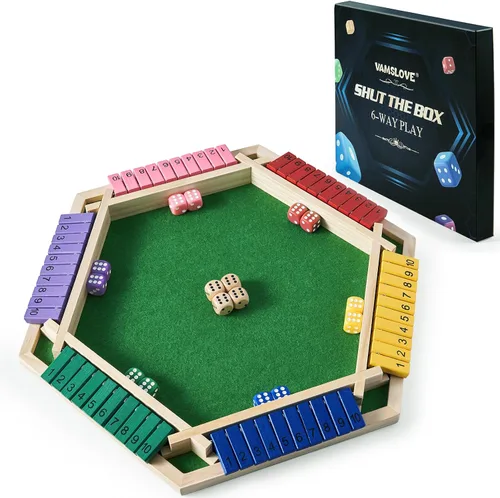 Vamslove - Juego "Shut The Box" para 6 jugadores con 12+4 dados - Juego de mesa de madera de 6 lados colorido con números matemáticos para niños,