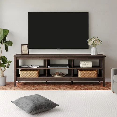 Miniatura 4 de WAMPAT Soporte de TV de granja para TV de 75 pulgadas, centro de entretenimiento de madera para mesa consola de TV de 80 pulgadas con 6 Nogal
