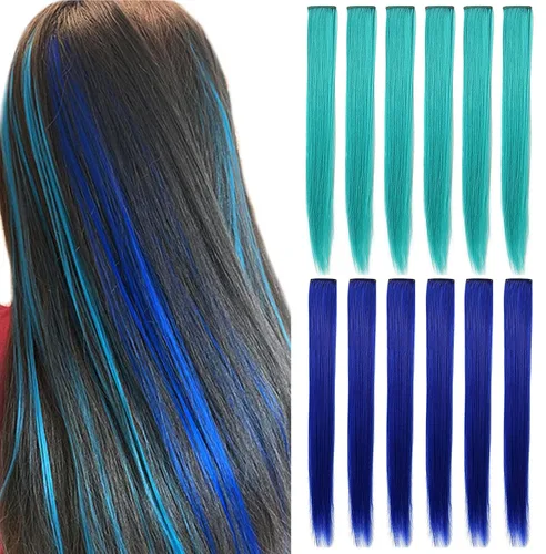 Rhyme 12 piezas de extensiones de cabello de color azul y verde azulado con reflejos de princesa de 21 pulgadas con clip para niñas americanas,