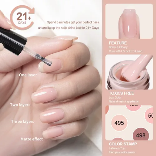 Miniatura 5 de RARJSM Juego de Esmaltes de Gel Nude Colección Jelly Pink de 6 Colores Naturales Transparentes Rosa Translúcido Lechoso Malva Morado Marrón Claro