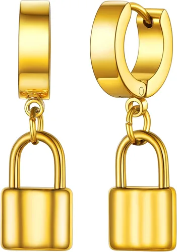 FaithHeart Aretes de aro Huggie para mujer, acero inoxidable, chapado en oro de 18 quilates, aretes colgantes de gota de AnkhCrossCandkBocina