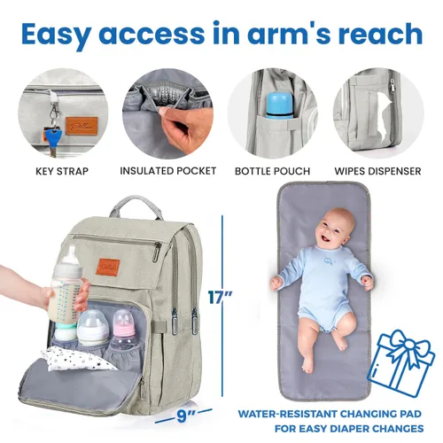 Miniatura 4 de PILLANI Mochila para Pañales de Bebé - Bolsa Grande para Niños y Niñas, Mochila Impermeable para Pañales - Bolsas de Pañales de Viaje con R. Beige