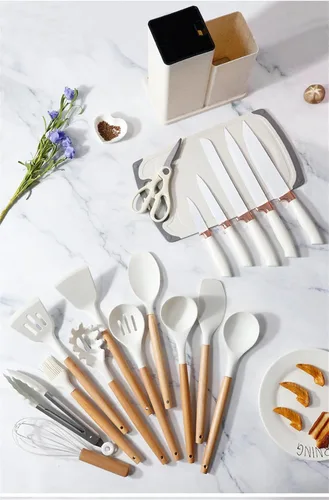 Miniatura 5 de Juego de utensilios de cocina y cuchillos de 19 piezas con bloque, 9 piezas de utensilios de cocina de silicona, 5 piezas afiladas de acero Beige