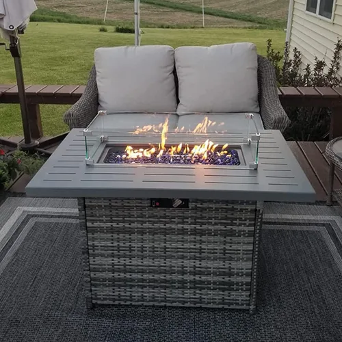 Miniatura 2 de LayinSun Mesa para fogata de gas propano de 44 pulgadas, 55000 BTU rectangular con protector de viento de vidrio para patio exterior, terraza