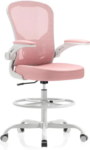 Miniatura 10 de Silla de Dibujo Ergonómica, Silla de Oficina Alta con Reposabrazos Abatibles, Silla de Escritorio Alta de Malla Transpirable con Soporte Lumbar