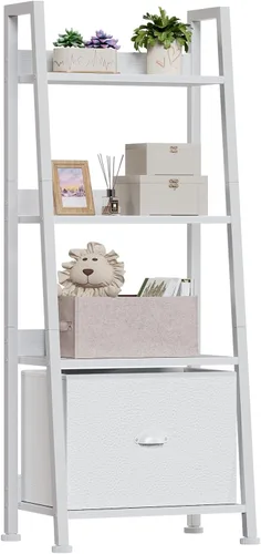 Miniatura 12 de Furologee Estantería de escalera con cajón, estante industrial de 5 niveles, estantes de almacenamiento abiertos para libros, CD, fotos, estantería