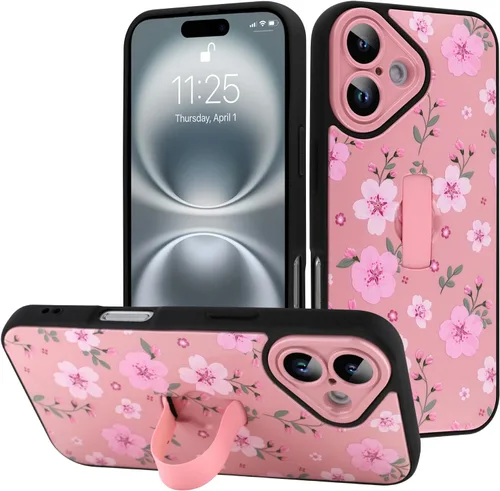 Miniatura 28 de Funda diseñada para iPhone 17 Pro Max con soporte plegable y correa para dedos, bonito patrón de lazo de corazón de flor rosa para mujeres y niñas
