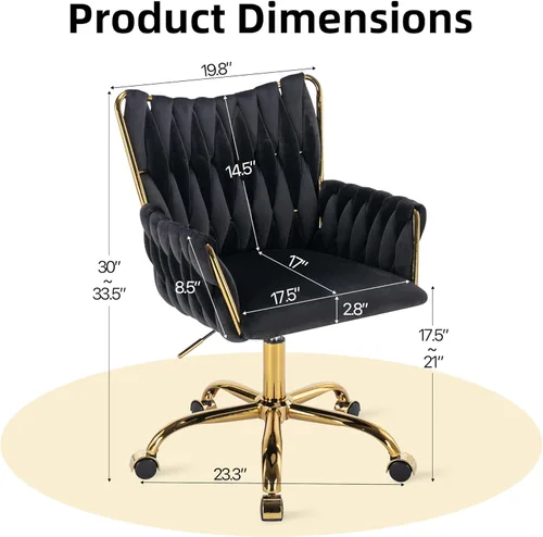 Miniatura 2 de ABET Silla de Escritorio de Terciopelo con Ruedas, Linda Silla de Oficina Giratoria Tapizada, Moderno Sillón Rodante Dorado Tejido a Mano con Altura