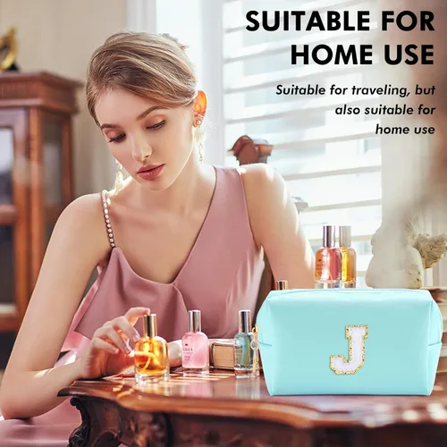 Miniatura 2 de URSKYTOUS Regalos para niñas, bolsa de maquillaje con inicial, bolsa de cosméticos personalizada con cremallera, bonita bolsa de aseo de viaje, Azul