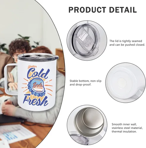 Miniatura 3 de 4 vasos de sublimación en blanco delgado de 12 onzas con mango blanco de doble pared de acero inoxidable taza recta para café con tapa deslizante