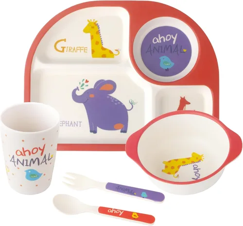 Set de alimentación para niños 5 piezas, juego de vajilla para niños pequeños incluye plato, tazón, taza, tenedor y cuchara, juego de cubiertos de