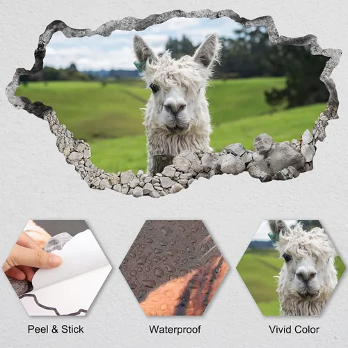 Miniatura 6 de Calcomanía de pared 3D con vista de agujero de pared de alpaca, calcomanía de pared de alpaca animal para habitación de niños, dormitorio, sala