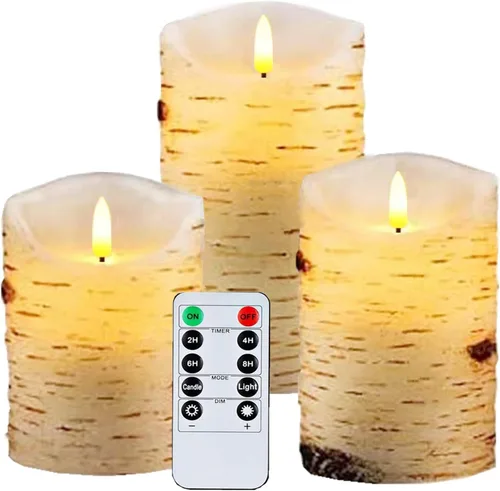 Juego de 3 velas sin llama de corteza de abedul, velas parpadeantes de 4" 5" 6" operadas por baterías con control remoto, vela eléctrica con